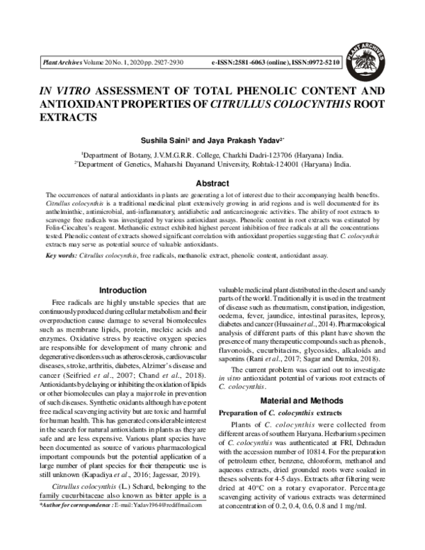 (PDF) In Vitro Assessment of Total Phenolic Content and Antioxidant ...
