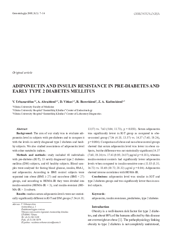 (PDF) Adiponectin and Insulin Resistance in Pre-Diabetes and Early Type ...