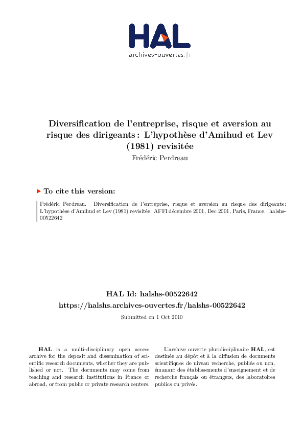 (PDF) Diversification de l'entreprise, risque et aversion au risque des ...