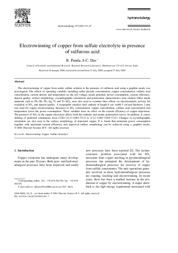 (PDF) Electrowinning of copper from sulfate electrolyte in presence of ...