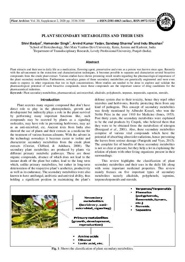 (PDF) Plant Secondary Metabolites and Their Uses