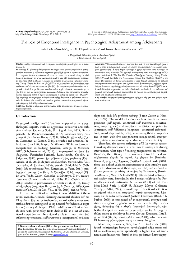 (PDF) The role of Emotional Intelligence in Psychological Adjustment ...
