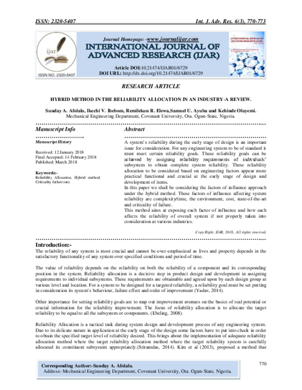 (PDF) Hybrid Method in the Reliability Allocation in an Industry-A Review
