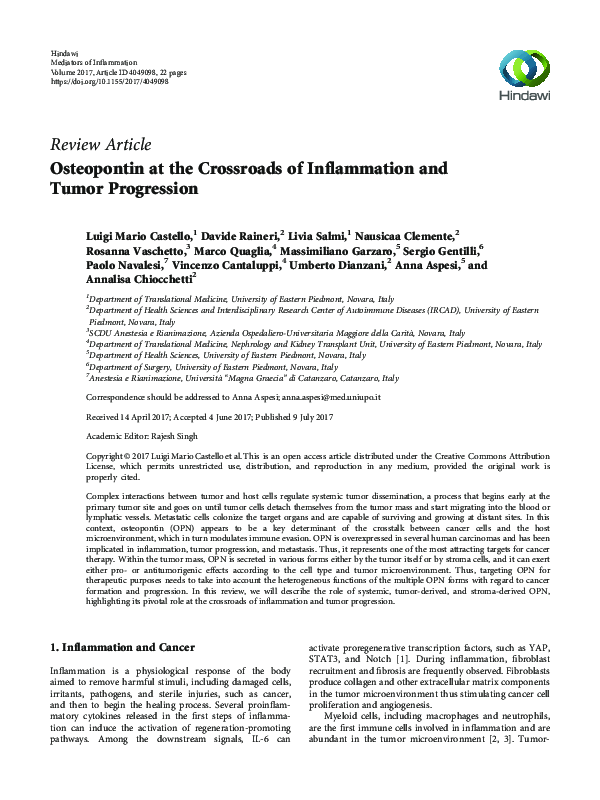 (PDF) Osteopontin at the Crossroads of Inflammation and Tumor Progression