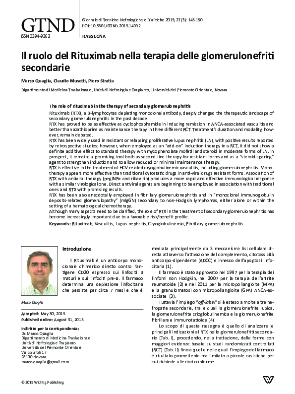 (PDF) Il ruolo del Rituximab nella terapia delle glomerulonefriti secondarie Marco Quaglia (PDF) Il ruolo del Rituximab nella terapia delle glomerulonefriti secondarie Marco Quaglia