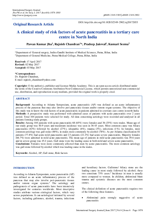(PDF) A clinical study of risk factors of acute pancreatitis in a ...
