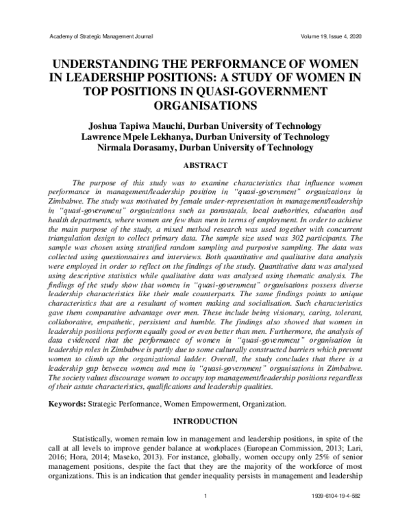 (PDF) Understanding the Performance of Women in Leadership Positions A Study of Women in Top