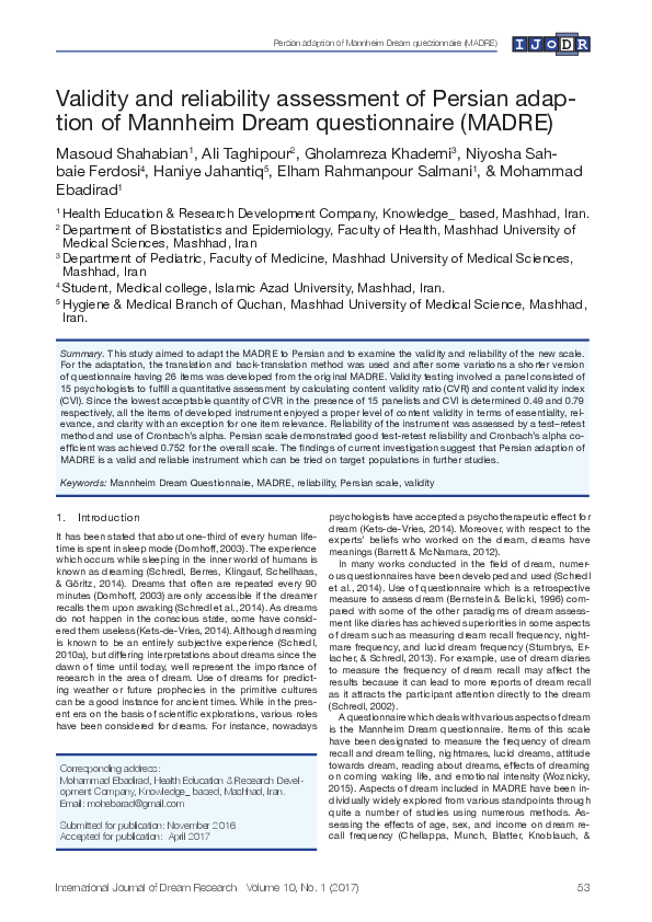 (PDF) Validity and Reliability Assessment of the Persian Version of ...