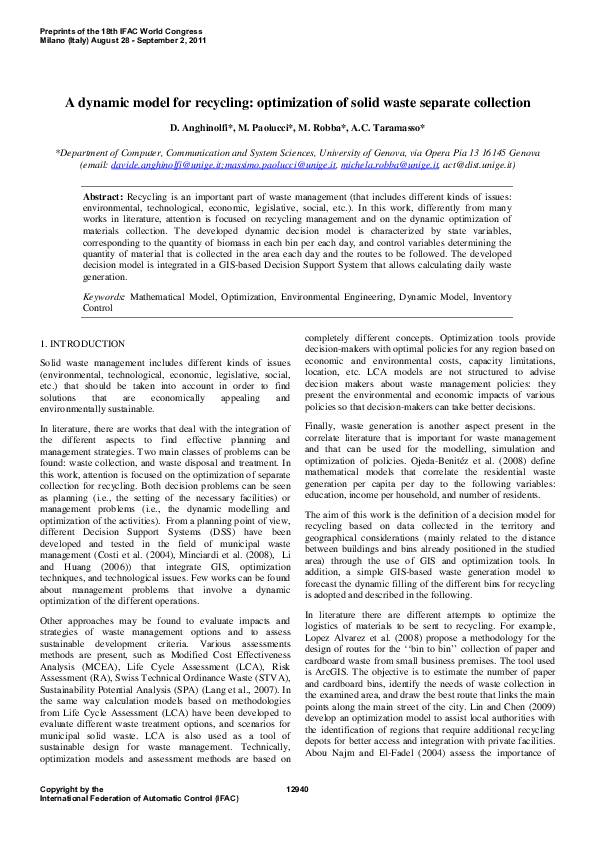 (PDF) A Dynamic Model for Recycling: Optimization of Solid Waste ...