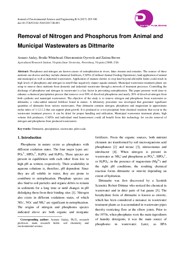 (PDF) Removal of Nitrogen and Phosphorus from Animal and Municipal ...