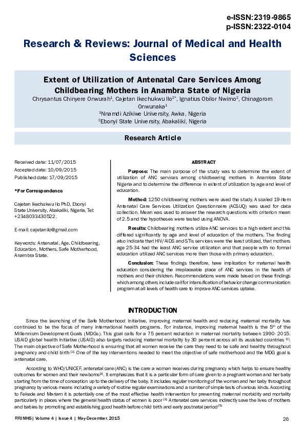 (PDF) Extent of Utilization of Antenatal Care Services Among ...