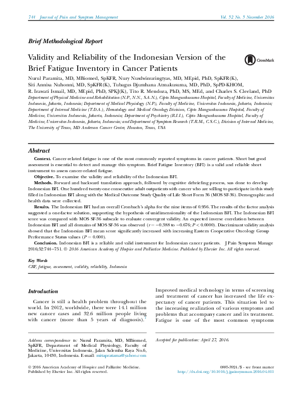 (PDF) Validity and Reliability of Brief Fatigue Inventory (BFI ...