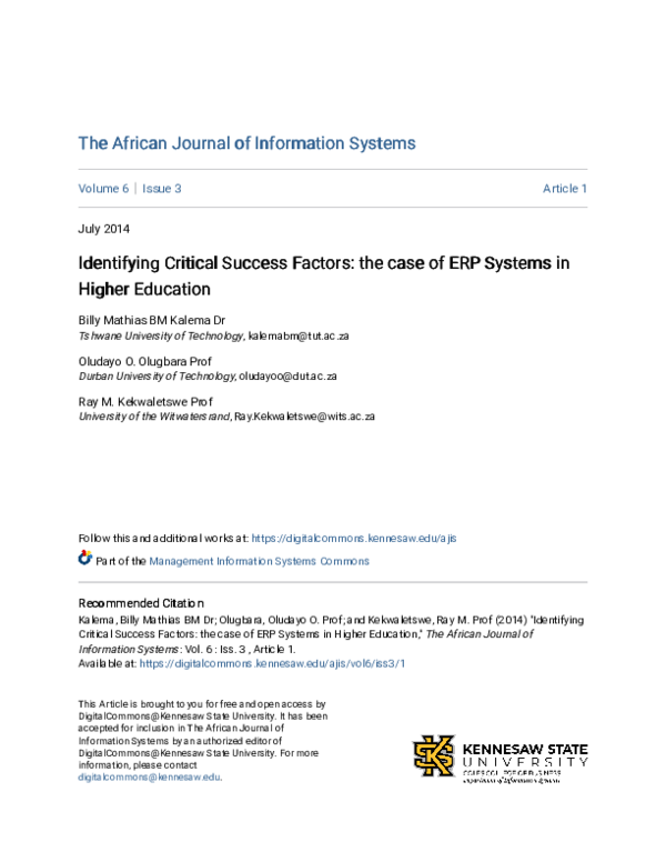 (PDF) Identifying Critical Success Factors: the case of ERP Systems in ...