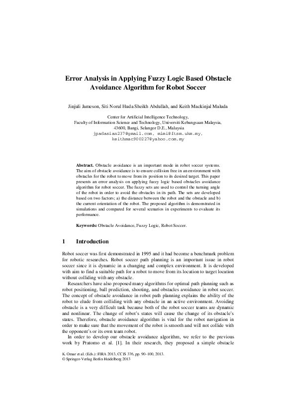 (PDF) Error Analysis in Applying Fuzzy Logic Based Obstacle Avoidance ...