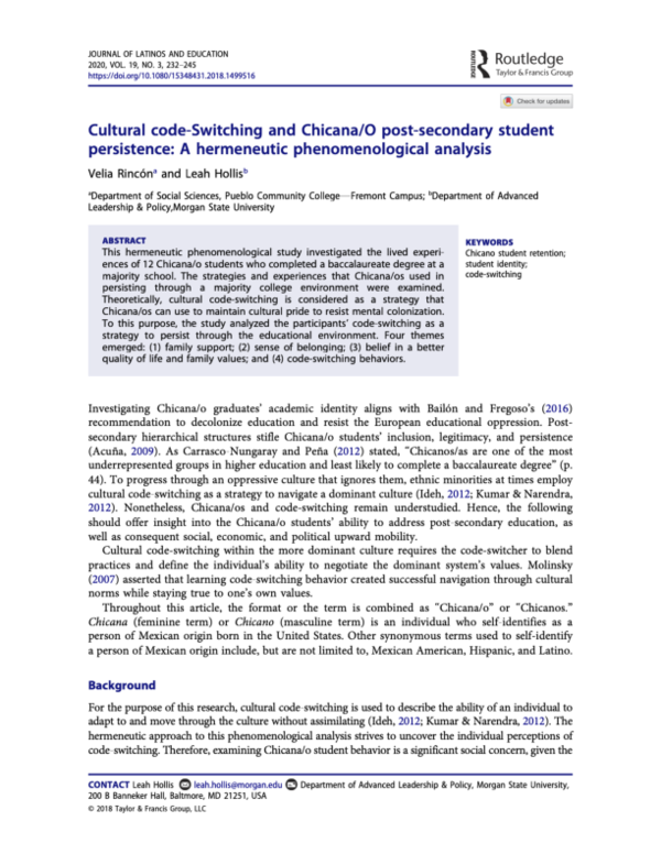 (PDF) Cultural code-Switching and Chicana/O post-secondary student ...
