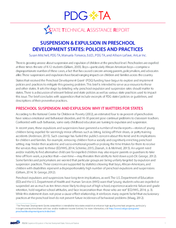 (PDF) Suspension & Expulsion in Preschool Development States: Policies ...