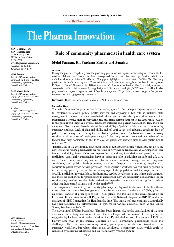 (PDF) Role of community pharmacist in health care system