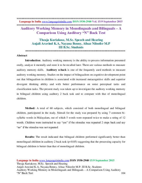 (PDF) Auditory Working Memory in Monolinguals and Bilinguals - A ...