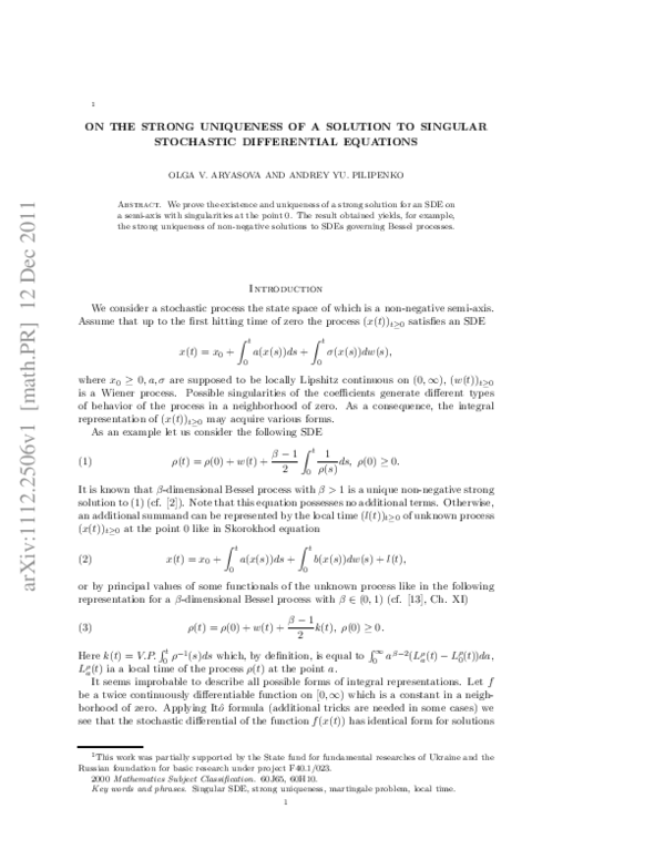 (PDF) On the strong uniqueness of a solution to singular stochastic ...