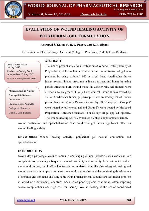 (PDF) Evaluation of wound healing activity ofpolyherbal formulation ...