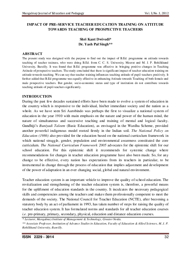 (PDF) Impact of Pre-Service Teacher Education Training on Attitude ...