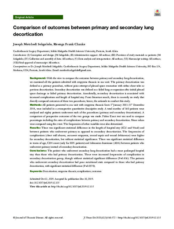 (PDF) Comparison of outcomes between primary and secondary lung ...