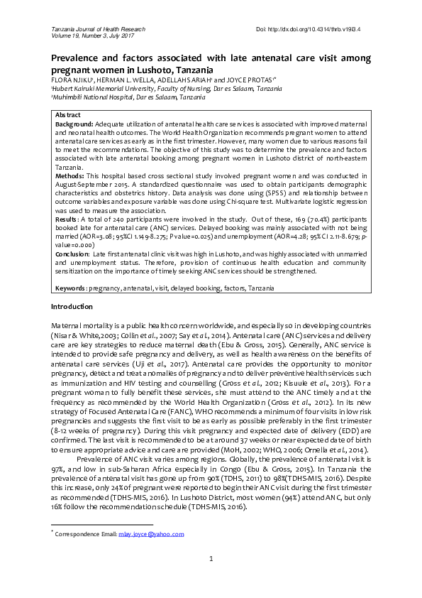 (PDF) Prevalence and factors associated with late antenatal care visit ...