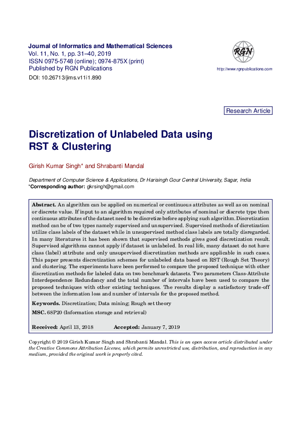 (PDF) Discretization of Unlabeled Data using RST & Clustering
