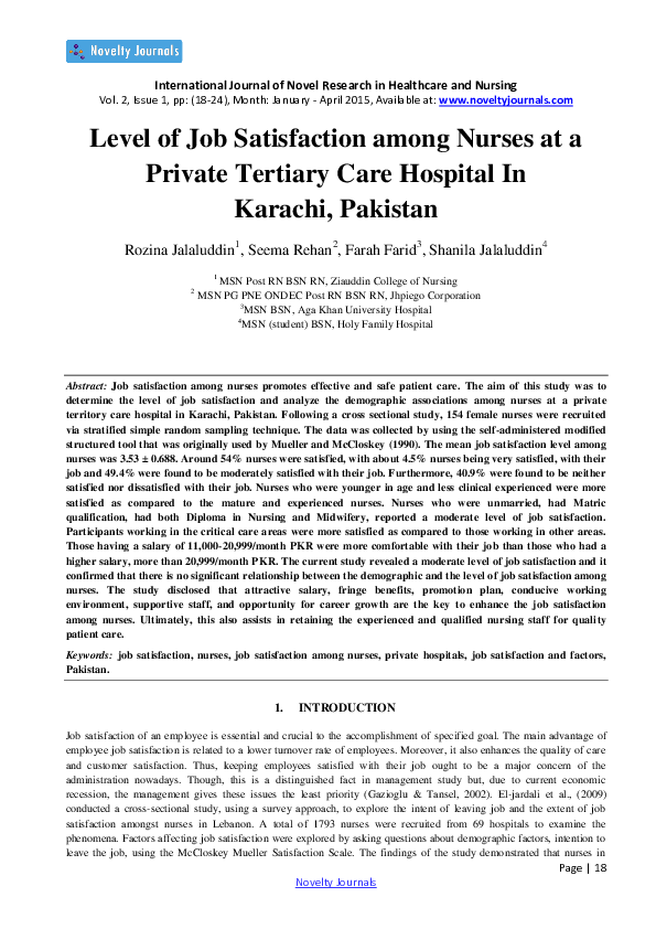 (PDF) Level of Job Satisfaction among Nurses at a Private Tertiary Care ...