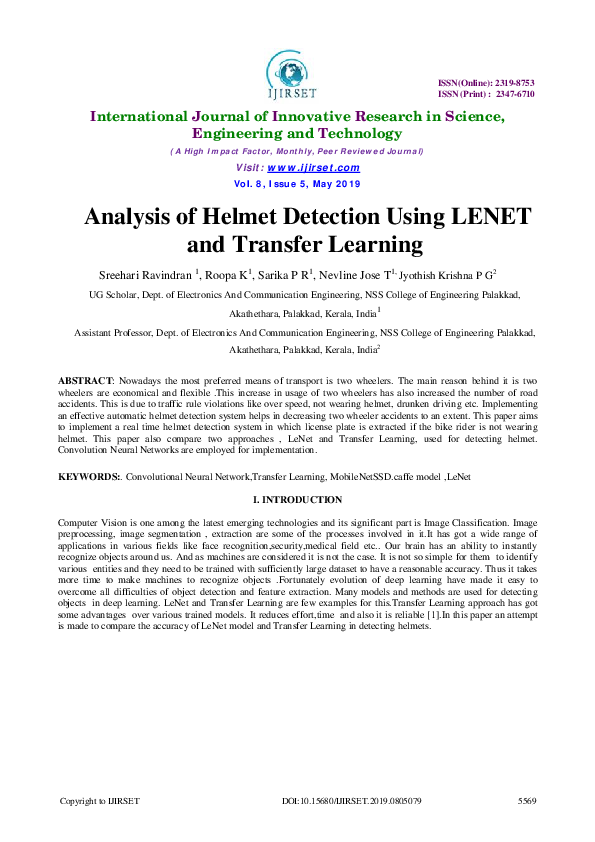 (PDF) Analysis of Helmet Detection Using LENET and Transfer Learning