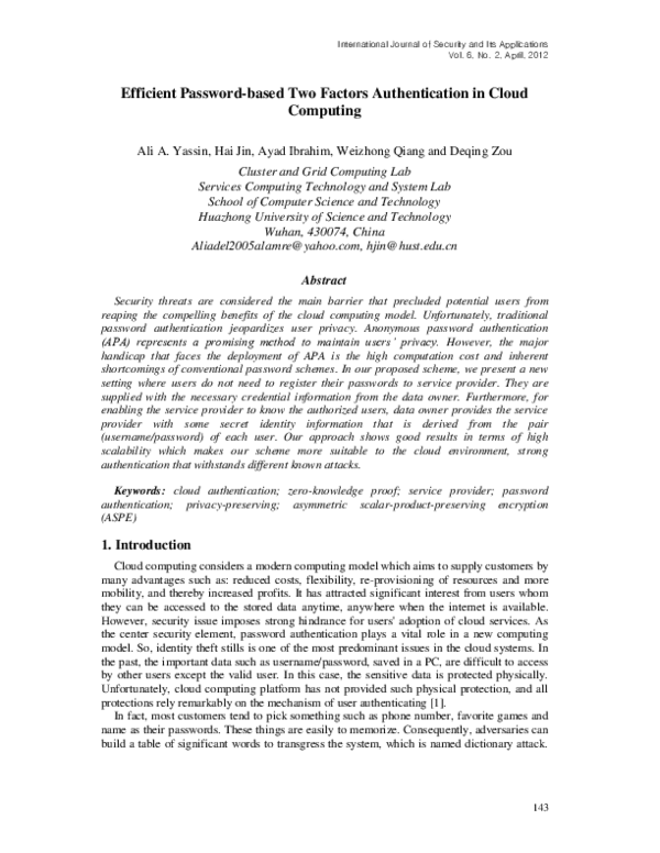 (PDF) Efficient password-based two factors authentication in cloud ...