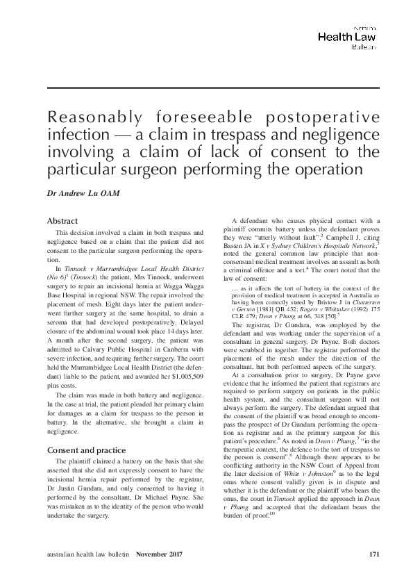 (PDF) Reasonably foreseeable postoperative infection -a claim in ...