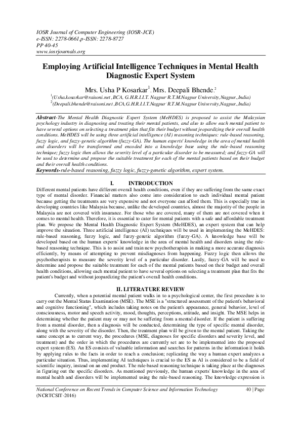 (PDF) Employing Artificial Intelligence Techniques in Mental Health ...