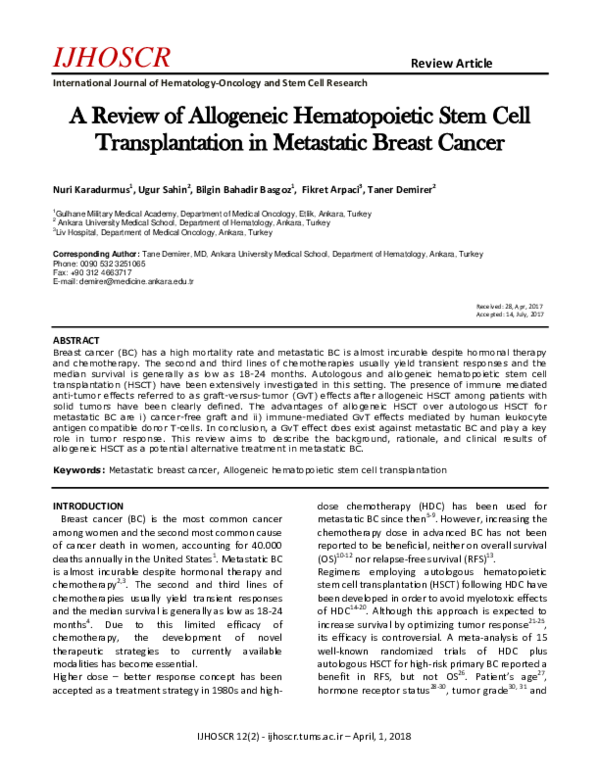 (PDF) A Review of Allogeneic Hematopoietic Stem Cell Transplantation in ...