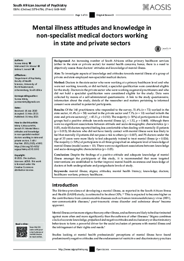 (PDF) Mental illness attitudes and knowledge in non-specialist medical ...