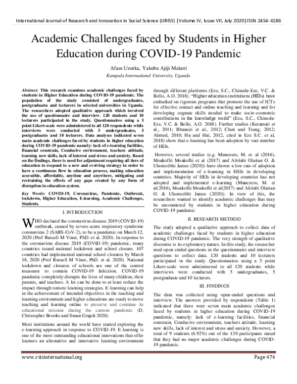 (PDF) Academic Challenges faced by Students in Higher Education during ...