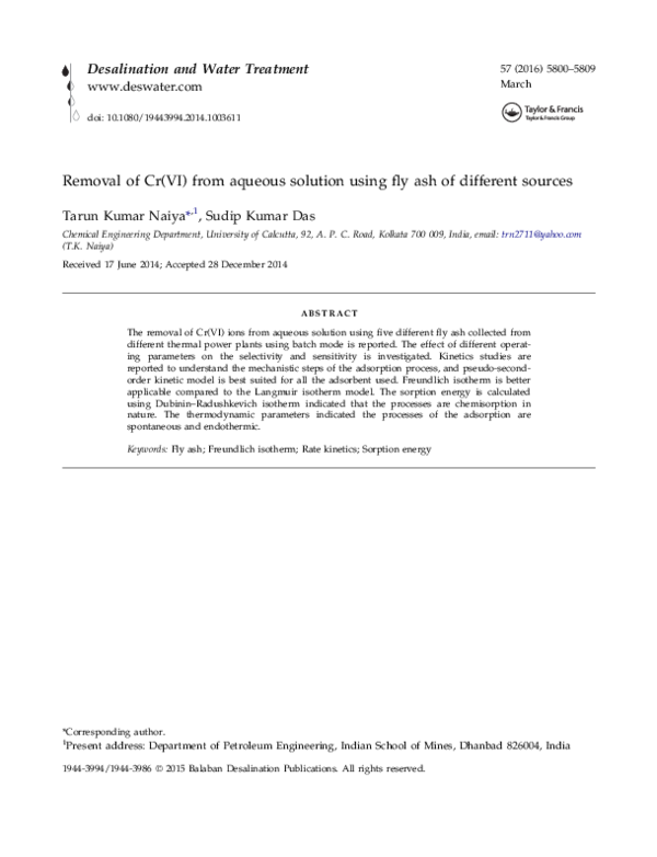 (PDF) Removal of Cr(VI) from aqueous solution using fly ash of ...