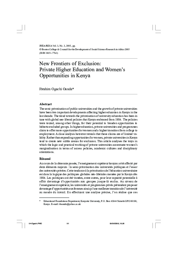 (PDF) New Frontiers of Exclusion: Private Higher Education and Women's ...