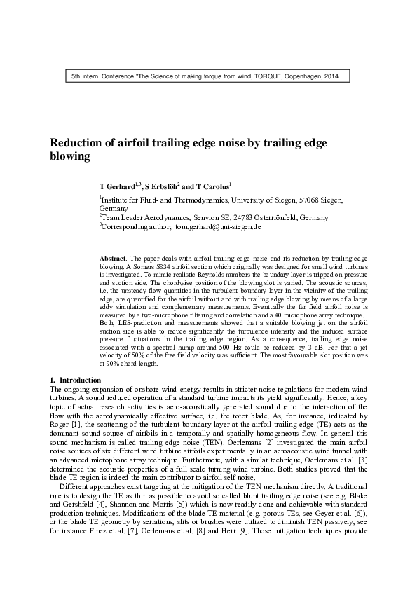 (PDF) Reduction of airfoil trailing edge noise by trailing edge blowing