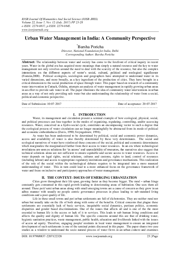 (PDF) Urban Water Management in India: A Community Perspective