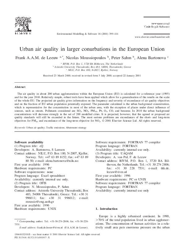 (PDF) Urban air quality in larger conurbations in the European Union