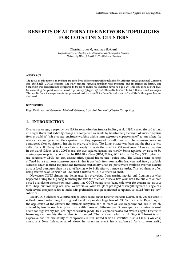 (PDF) Benefits of Alternative Network Topologies For COTS Linux Clusters