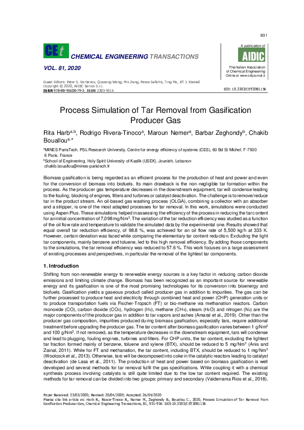 (PDF) Process Simulation of Tar Removal from Gasification Producer Gas