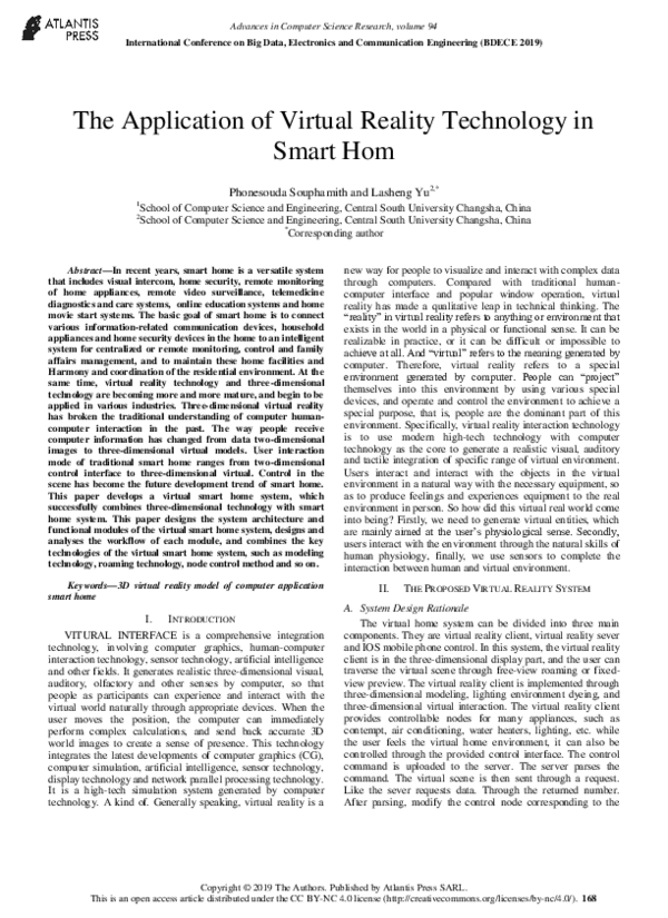 (PDF) The Application of Virtual Reality Technology in Smart Hom