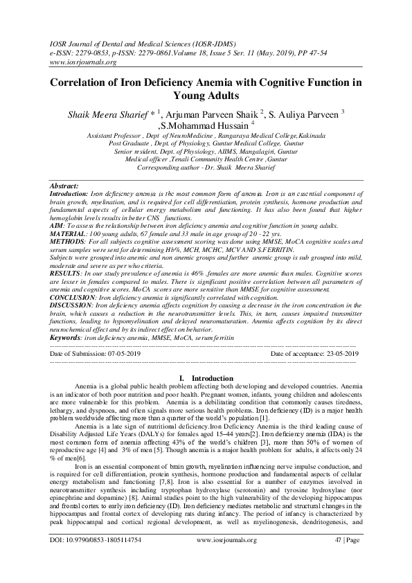 (PDF) Correlation of Iron Deficiency Anemia with Cognitive Function in ...