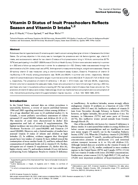 (PDF) Vitamin D Status of Inuit Preschoolers Reflects Season and ...