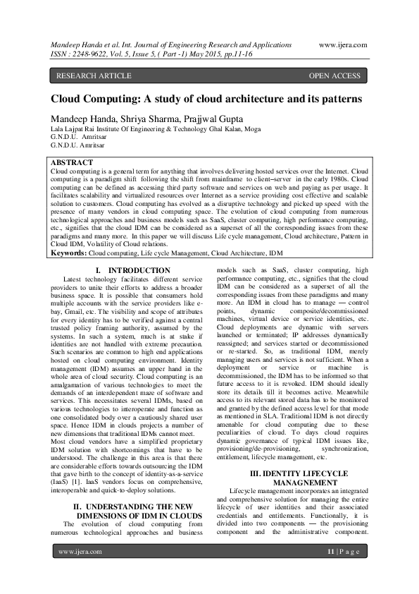(PDF) Cloud Computing : A study of cloud architecture and its patterns