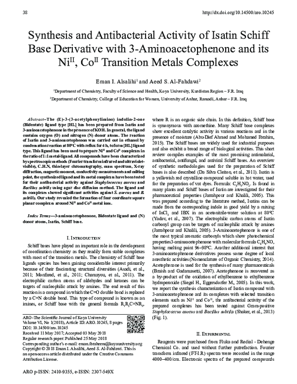 (PDF) Synthesis and Antibacterial Activity of Isatin Schiff Base ...