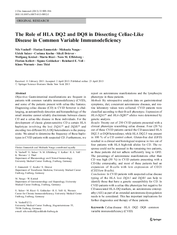 (PDF) The Role of HLA DQ2 and DQ8 in Dissecting CeliacLike Disease in Common Variable