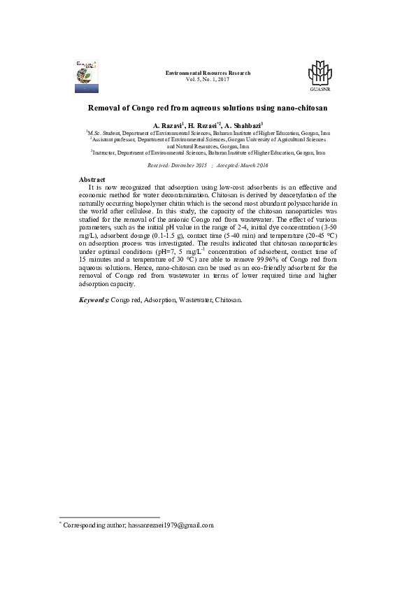 (PDF) Removal of Congo red from aqueous solutions using nano-chitosan